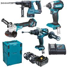 Kit Combo 4 Utensili a Batteria 18V MAKITA Smerigliatrice 115mm + Trapano Avvitatore + Avvitatore ad Impulsi + Tassellatore SDS-Plus modello DLX4192TJ