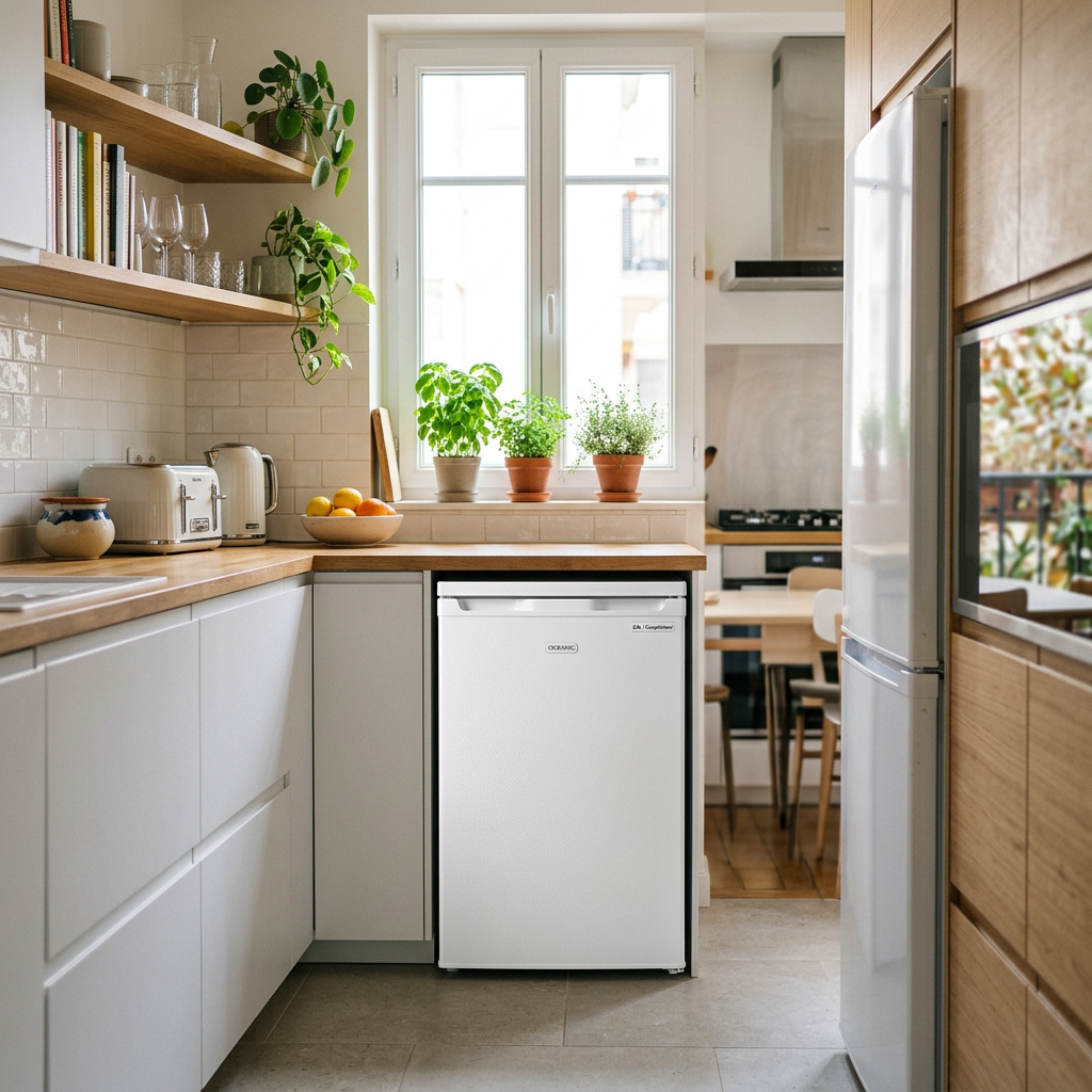 Modern kitchen with white refrigerator, countertop appliances, and potted plants by the window